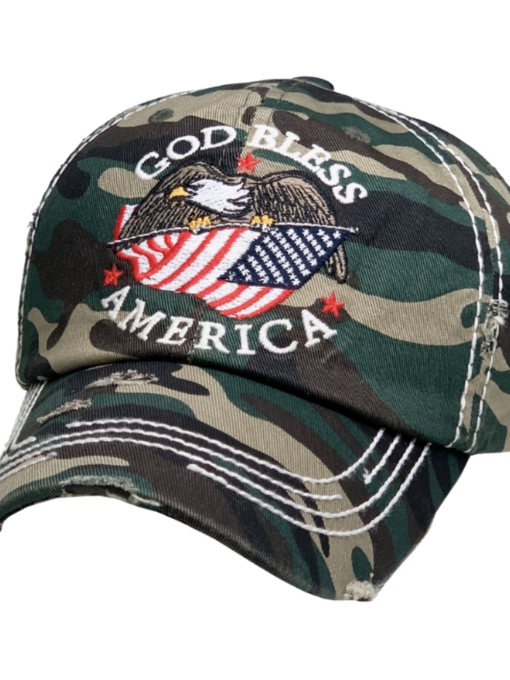 God Bless America Camo Distressed Baseball Hat Cap Bald Eagle American Flag NWT